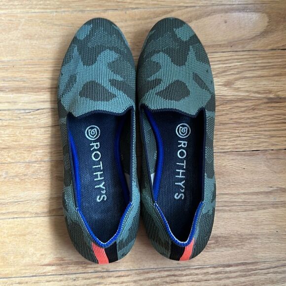 Rothy’s sz 6.5 olive camo The Loafer great pre owned cond orange black stripe - Picture 1 of 5